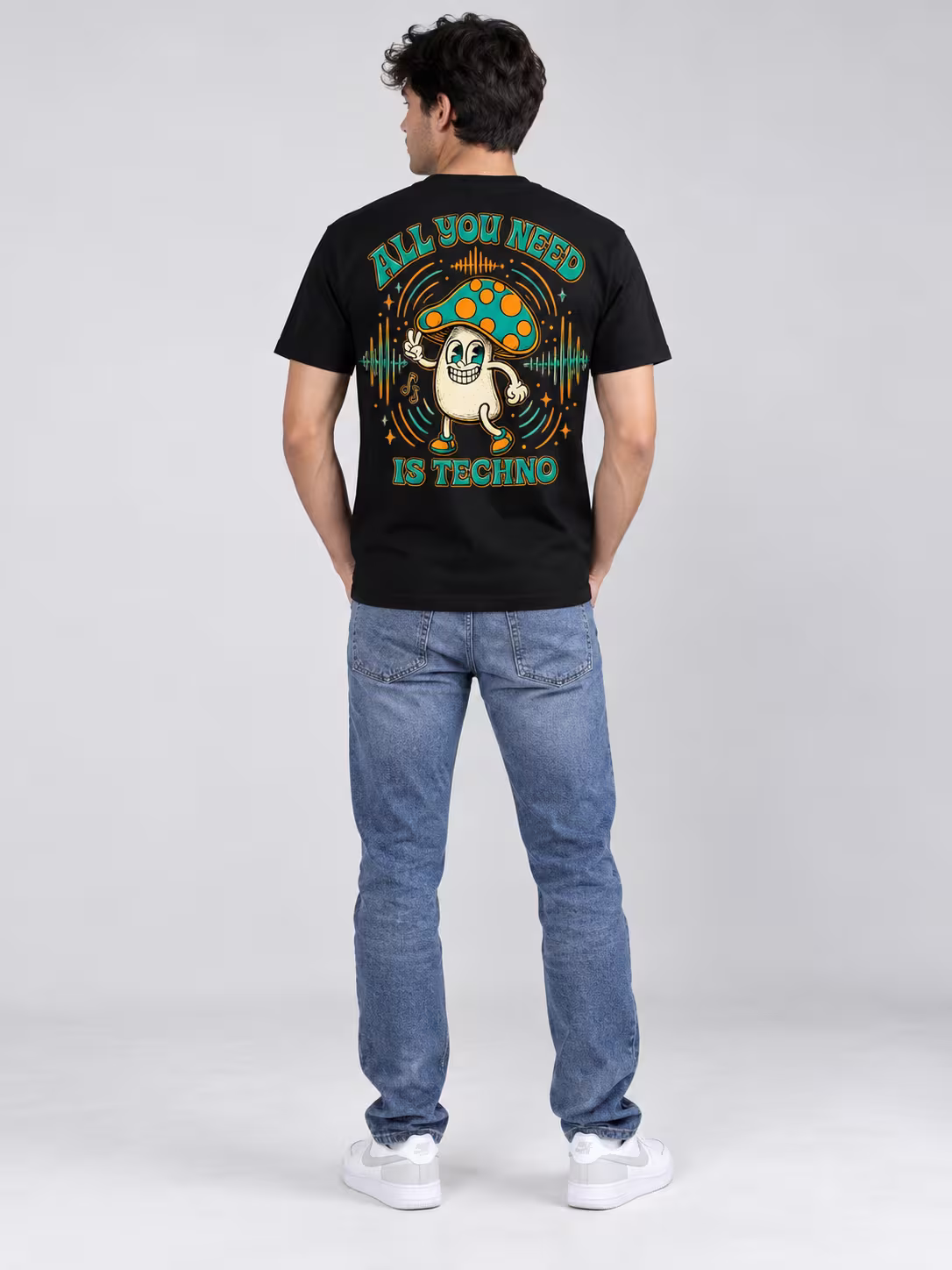 All You Need is Techno Regular Fit T-Shirt in Black, back print, worn by a model