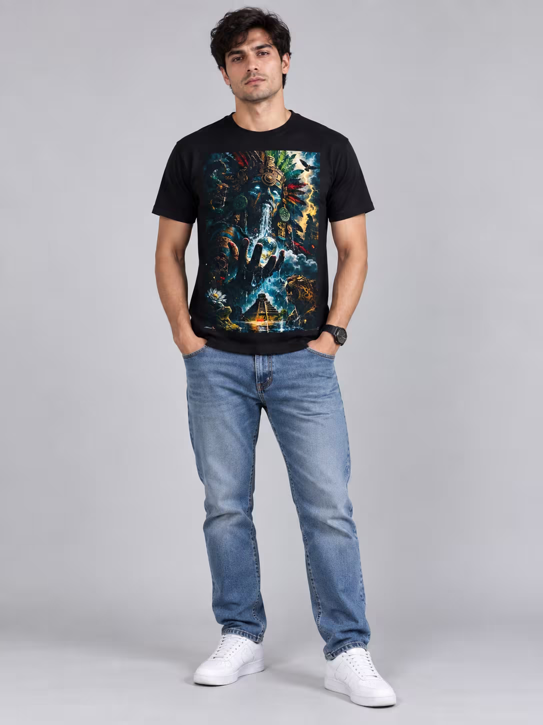Aztec Deity Regular Fit T-Shirt in Black, worn by a model