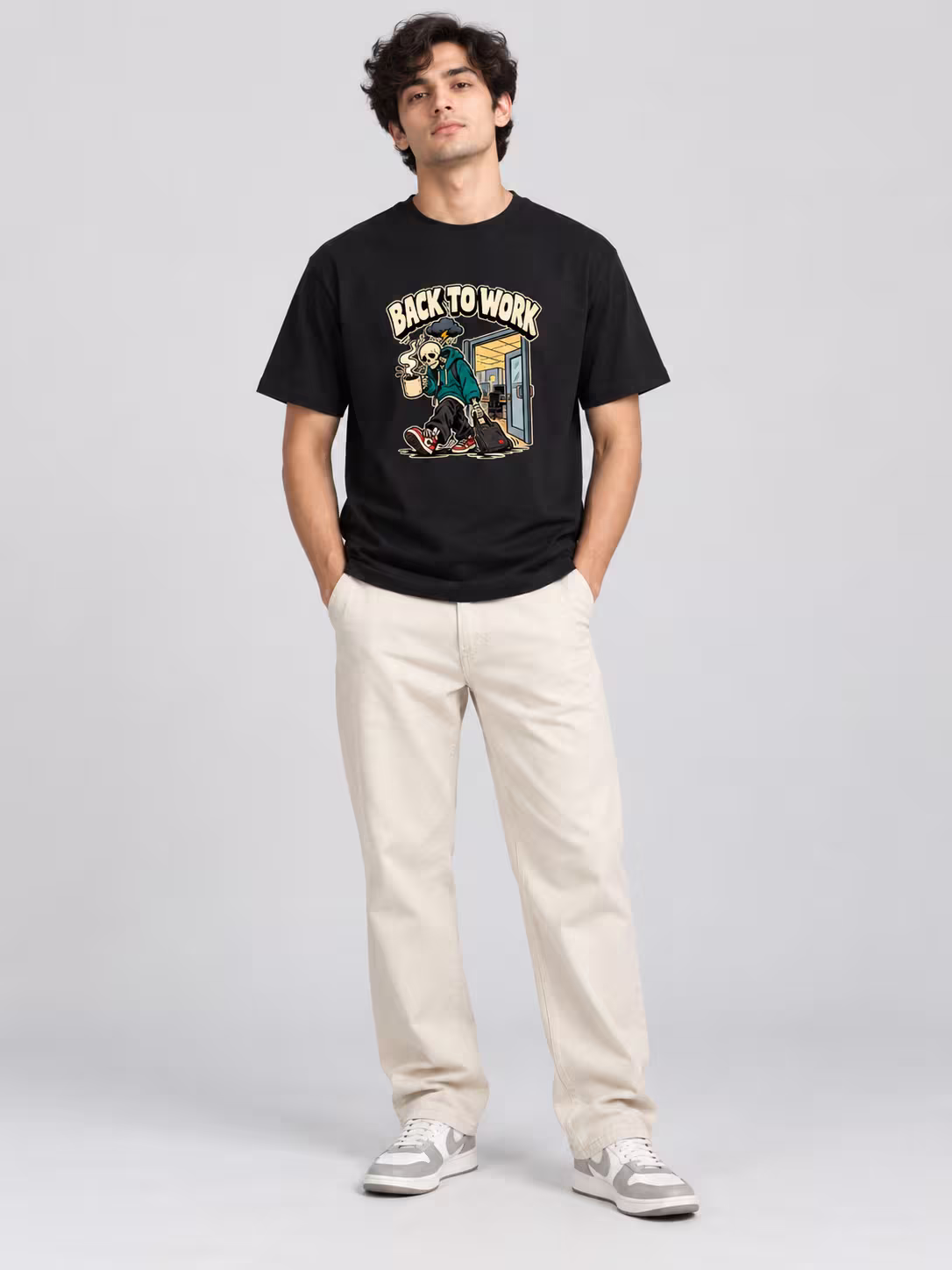 Back To Work Regular Fit T-Shirt in Black, worn by a model