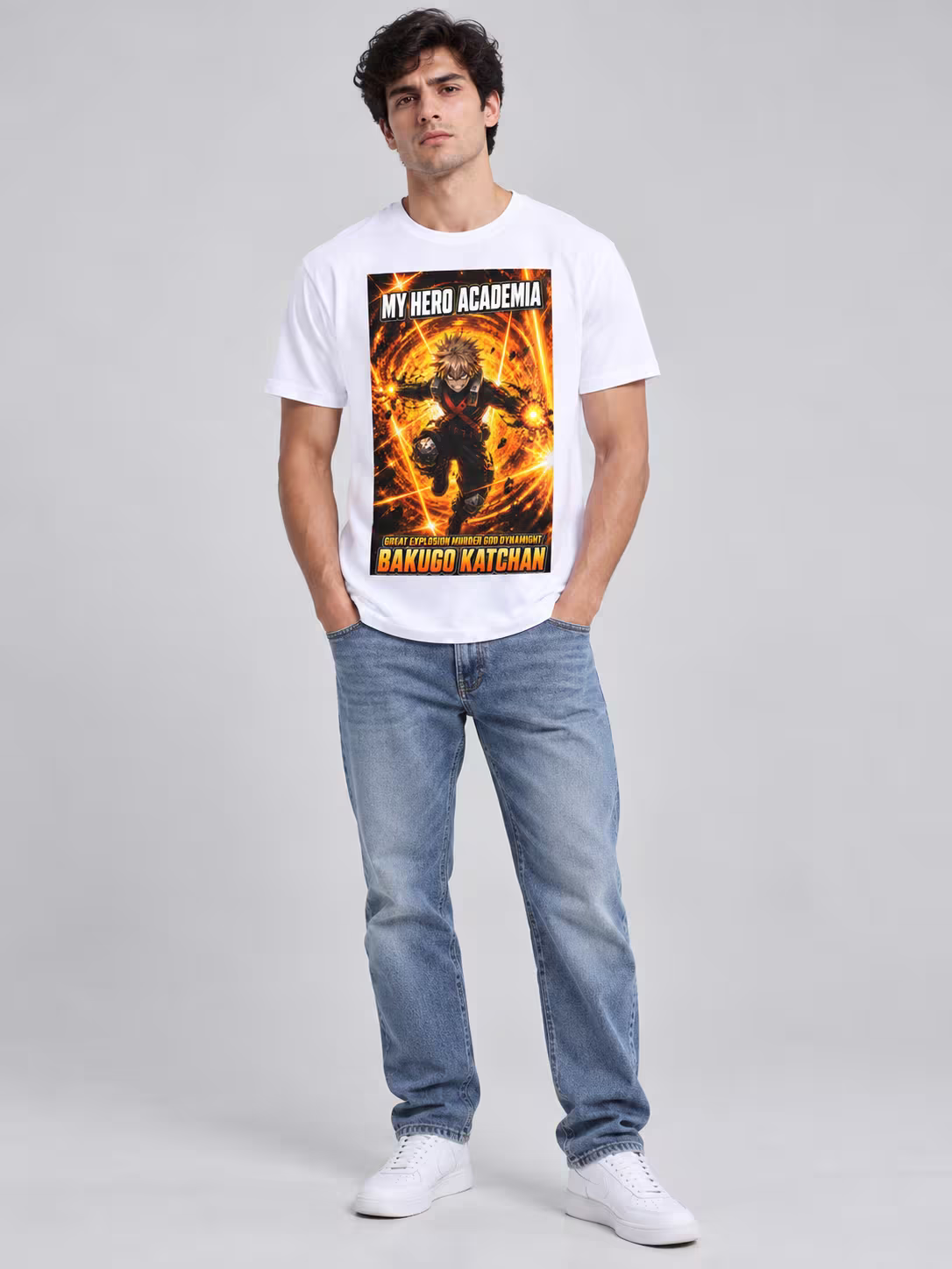 Bakugo Katchan Regular Fit T-Shirt in White, worn by a model