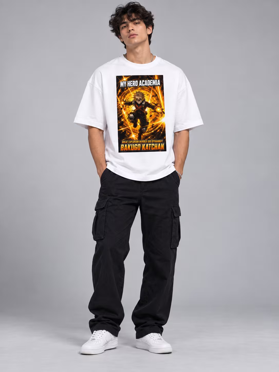 Bakugo Katchan Unisex Oversized T-Shirt in White, worn by a model