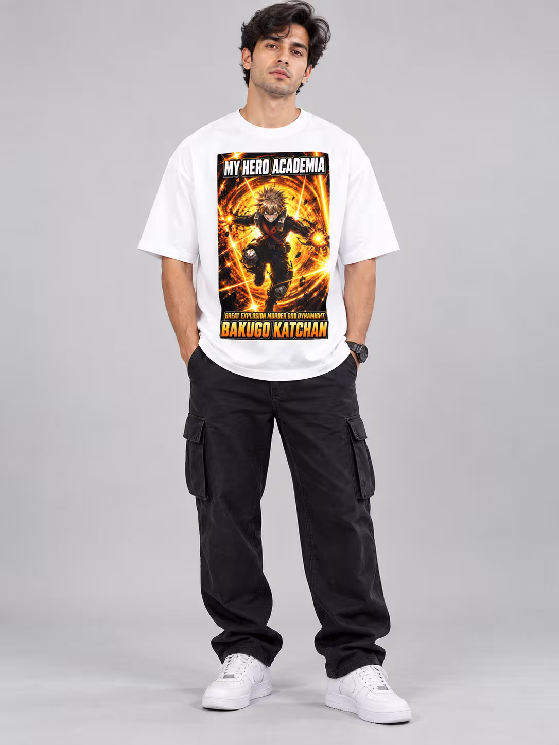 Bakugo Katchan Unisex Terry Oversized Tee in White, worn by a model