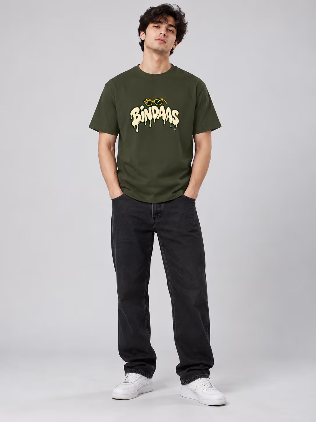 Bindaas Regular Fit T-Shirt in Olive Green, worn by a model