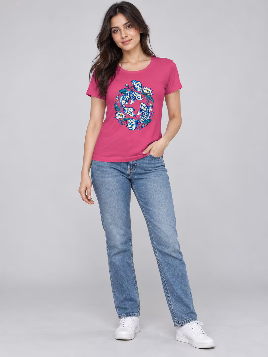 Blue Pottery Koi Women's T-Shirt in Pink, worn by a model
