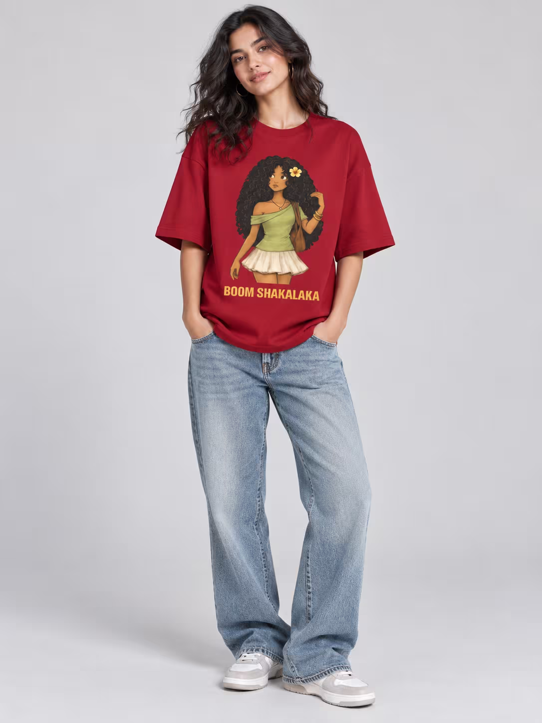 Boom Shakalaka Unisex Oversized T-Shirt in Red, worn by a model