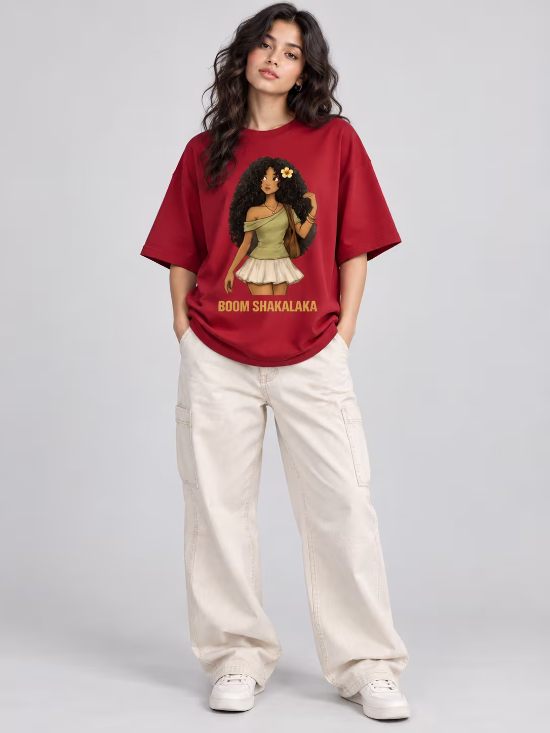 Boom Shakalaka Unisex Terry Oversized Tee in Red, worn by a model