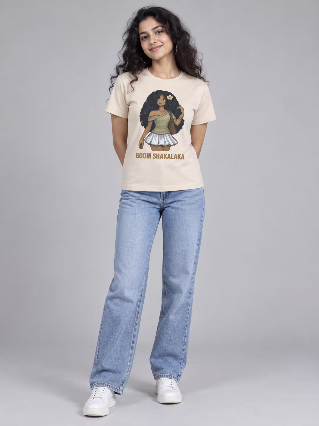Boom Shakalaka Women's T-Shirt in Beige, worn by a model