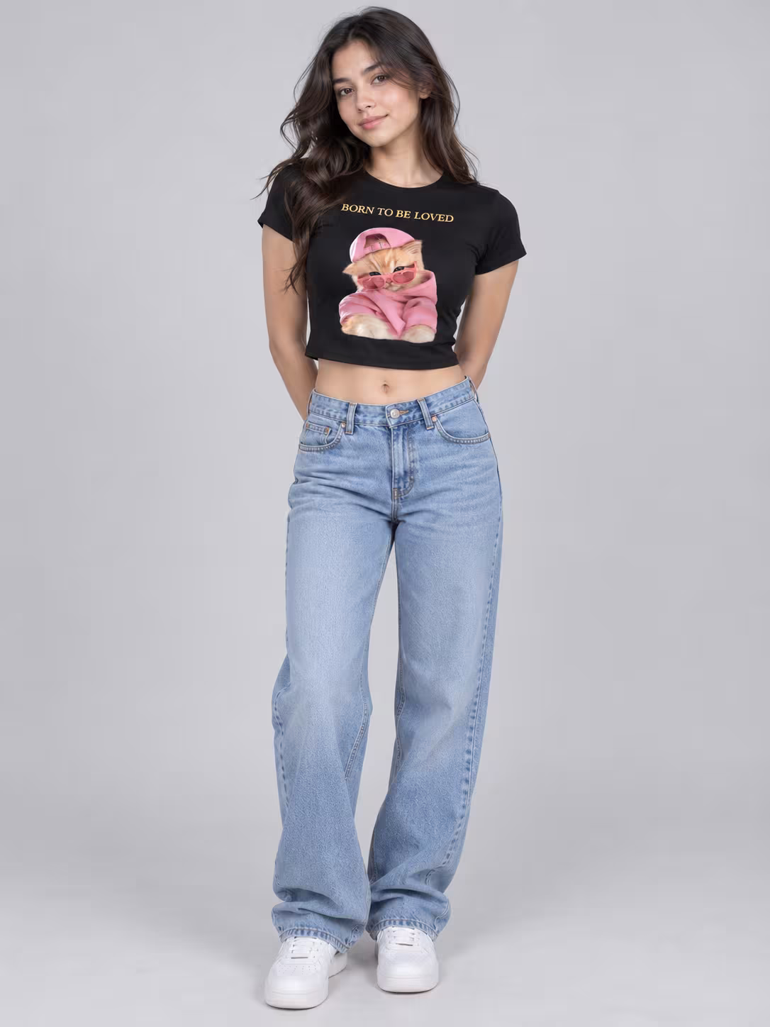 Born To Be Loved Baby Tee in Black, worn by a model