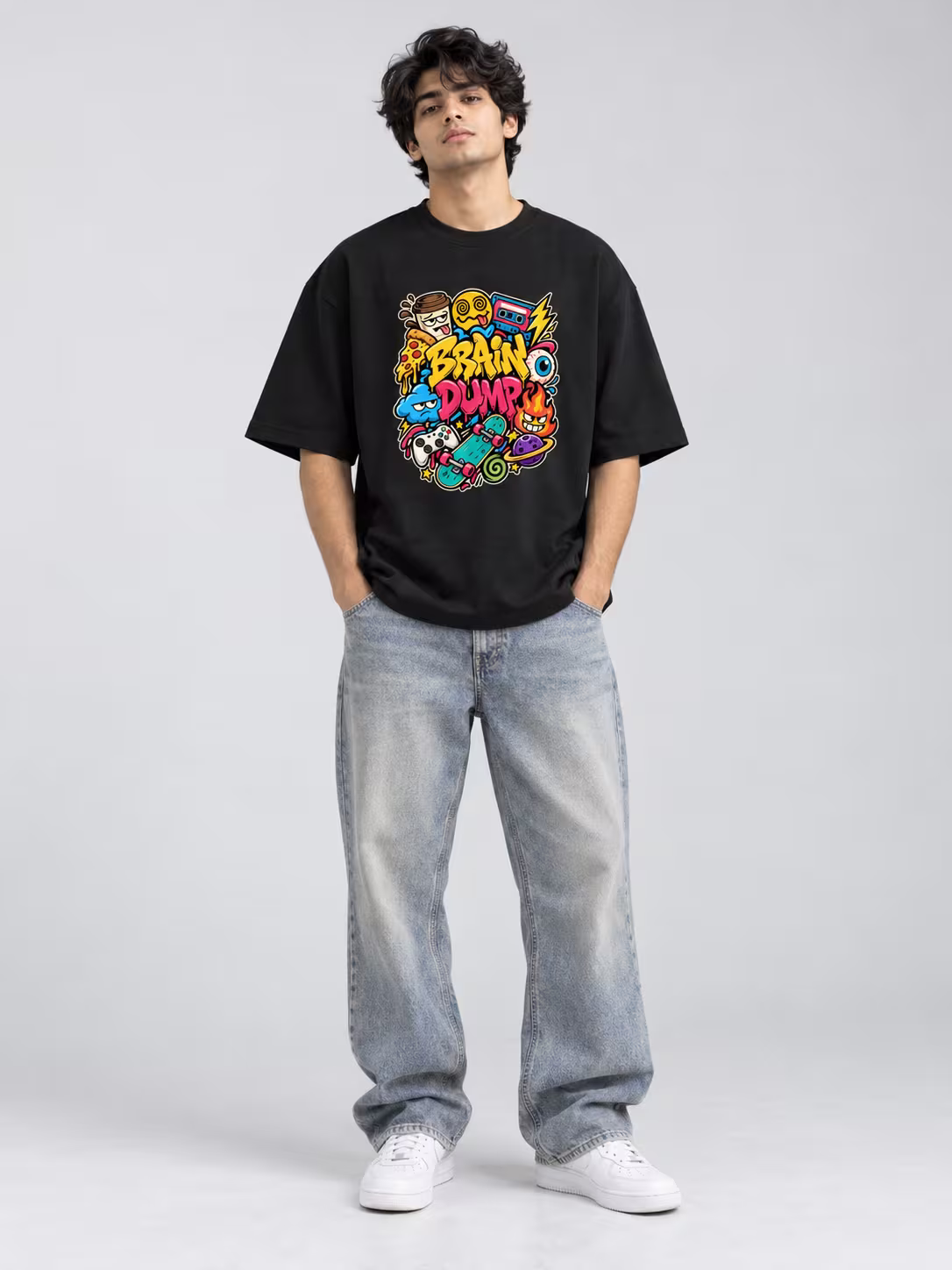 Brain Dump Unisex Oversized T-Shirt in Black, worn by a model