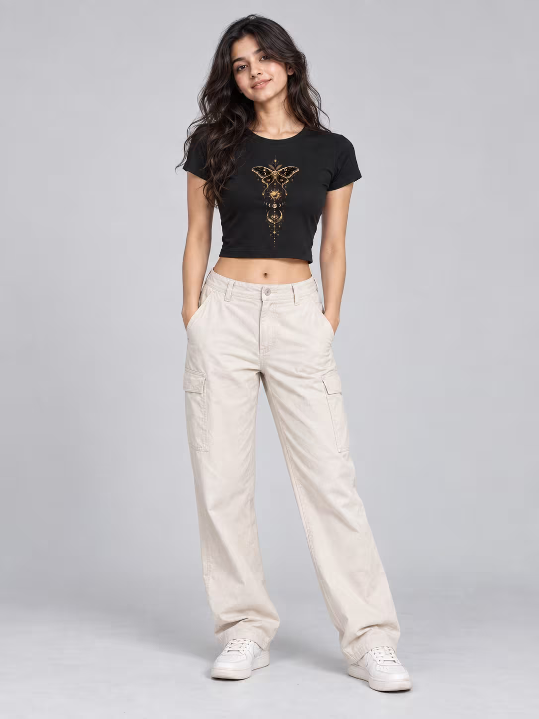 Celestial Moth Baby Tee in Black, worn by a model