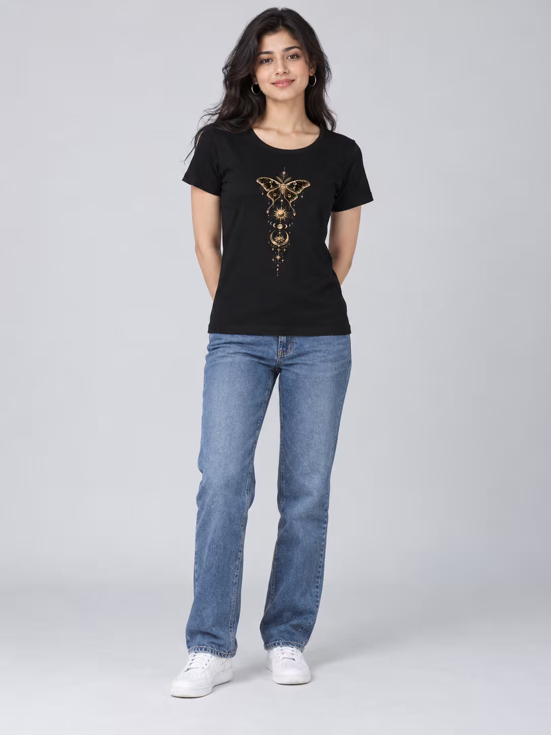 Celestial Moth Women's T-Shirt in Black, worn by a model