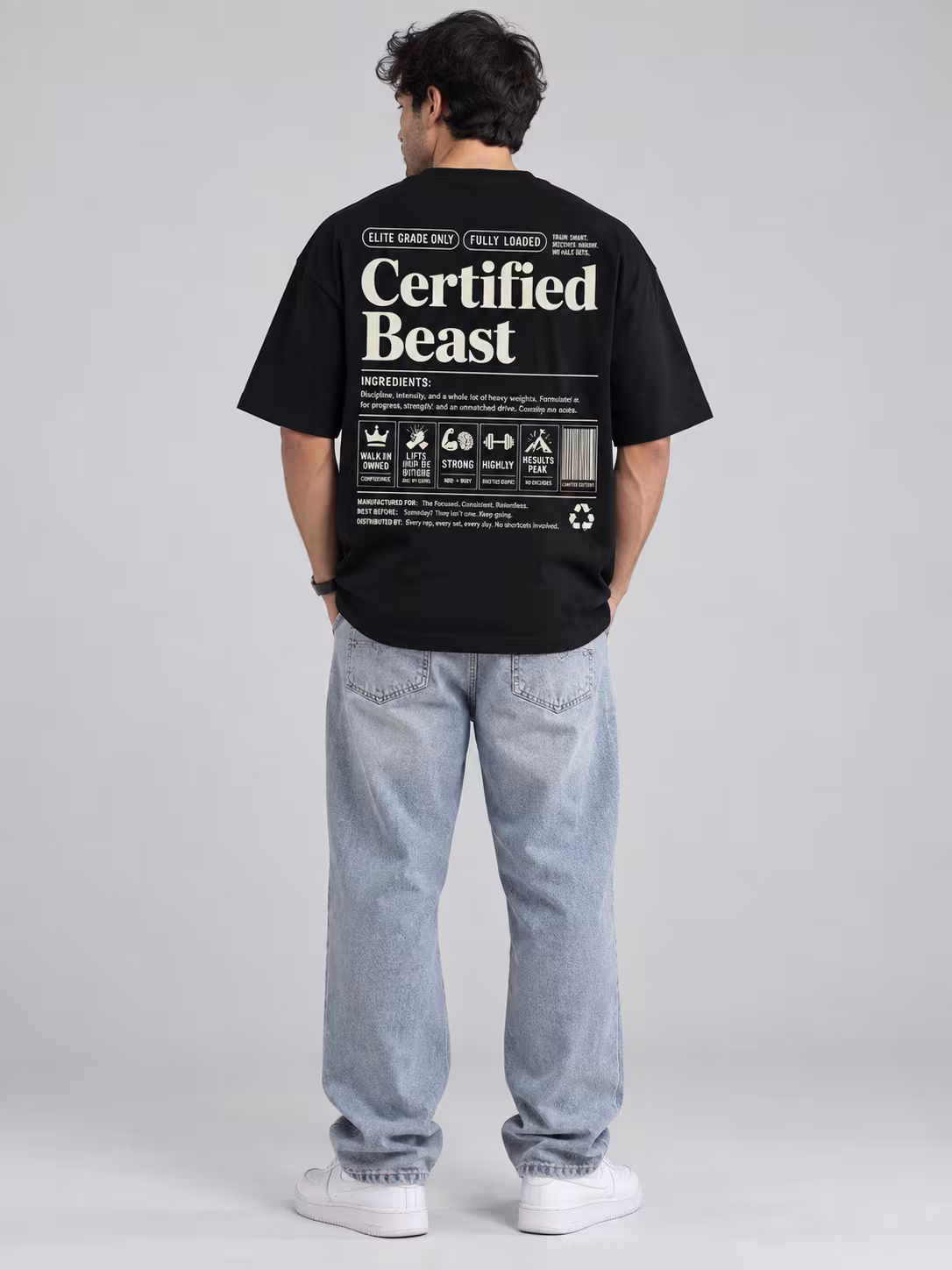 Certified Beast Black Unisex Oversized T-Shirt in Black, back print, worn by a model