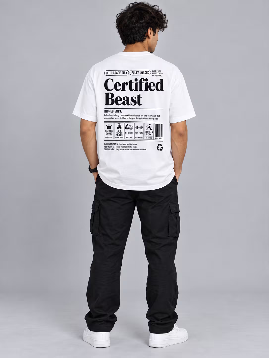 Certified Beast White T-Shirt in White, worn by a model