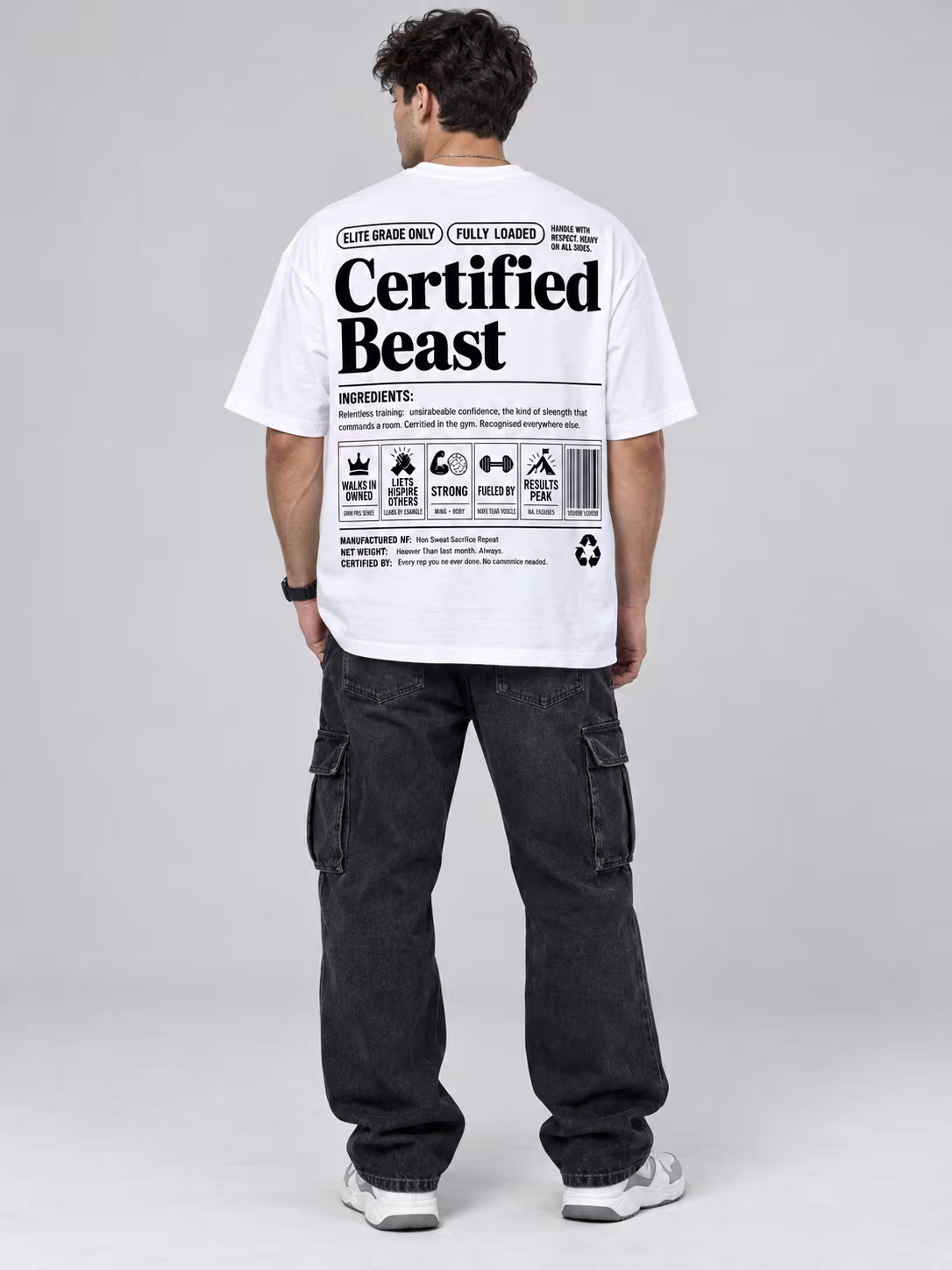 Certified Beast White Unisex Oversized T-Shirt in White, back print, worn by a model