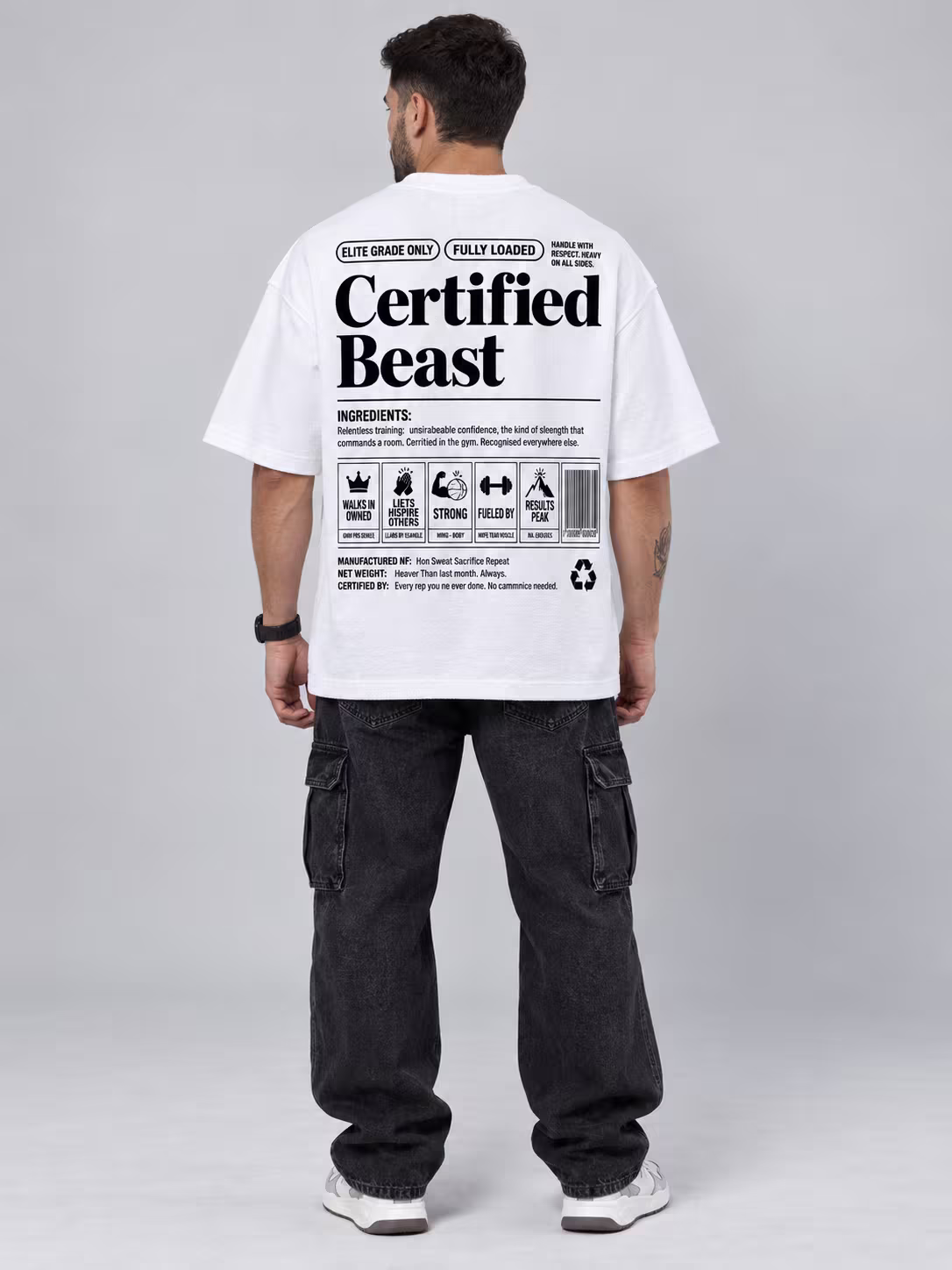 Certified Beast White Unisex Terry Oversized Tee in White, back print, worn by a model