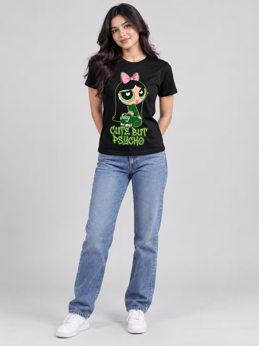 Cute But Psycho Regular Fit T-Shirt in Black, worn by a model