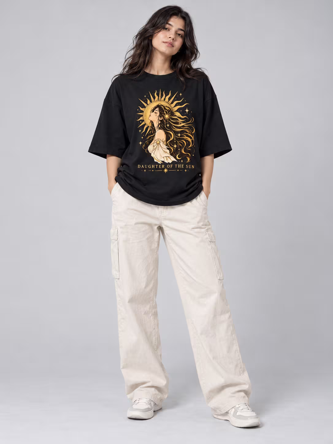 Daughter Of The Sun Unisex Oversized T-Shirt in Black, worn by a model