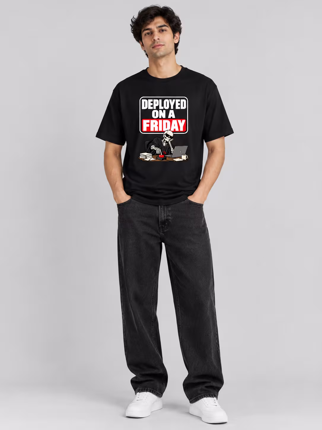 Deployed On A Friday Regular Fit T-Shirt in Black, worn by a model