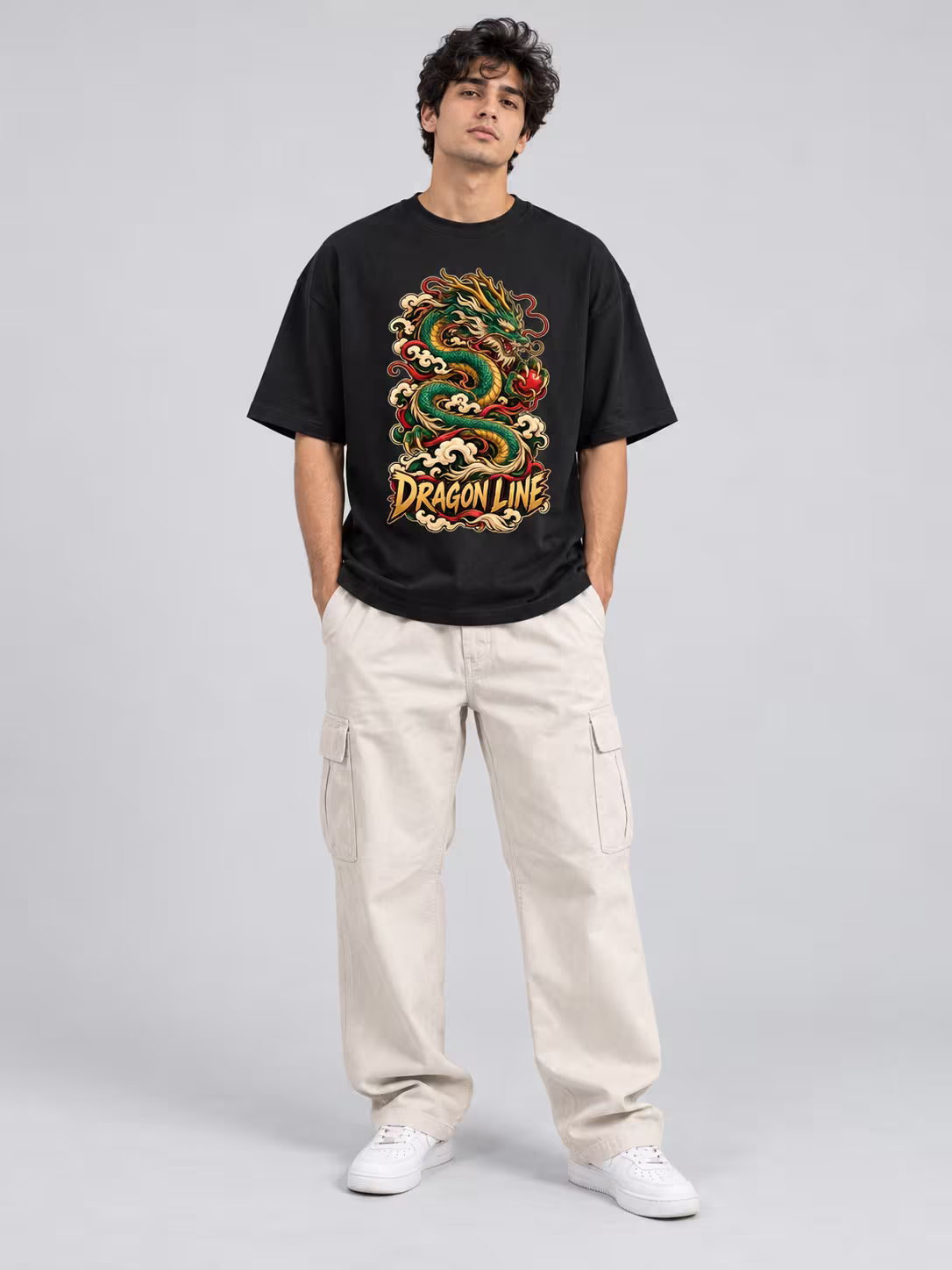 Dragon Line Unisex Oversized T-Shirt in Black, worn by a model