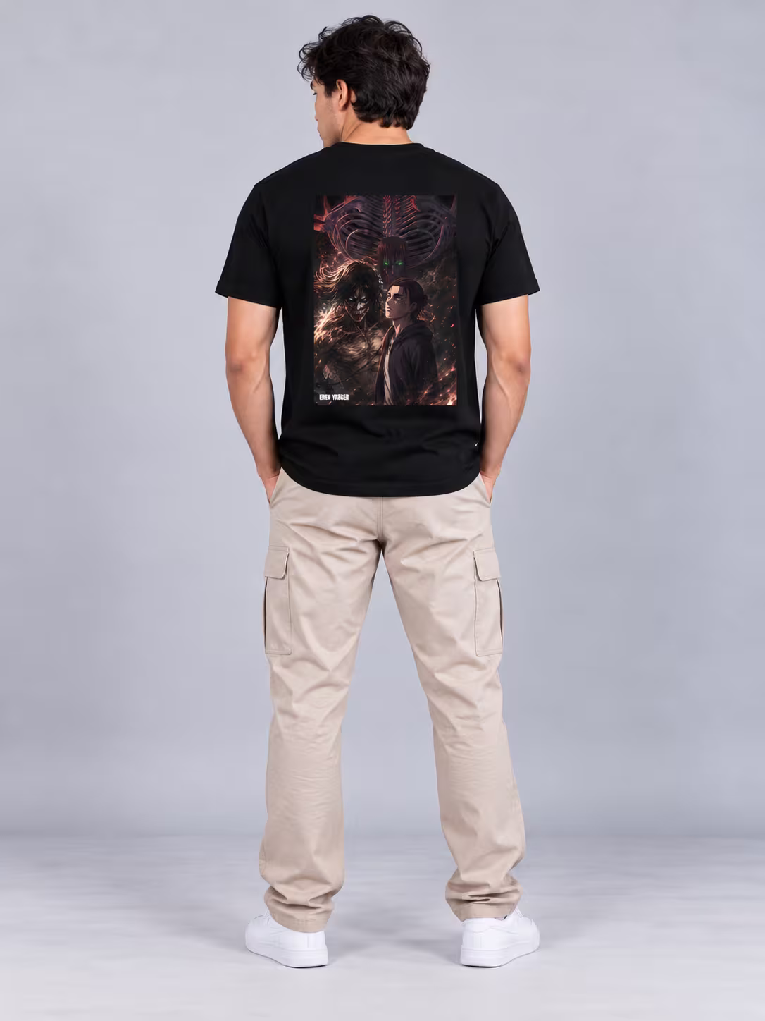 Eren Yaeger Regular Fit T-Shirt in Black, back print, worn by a model