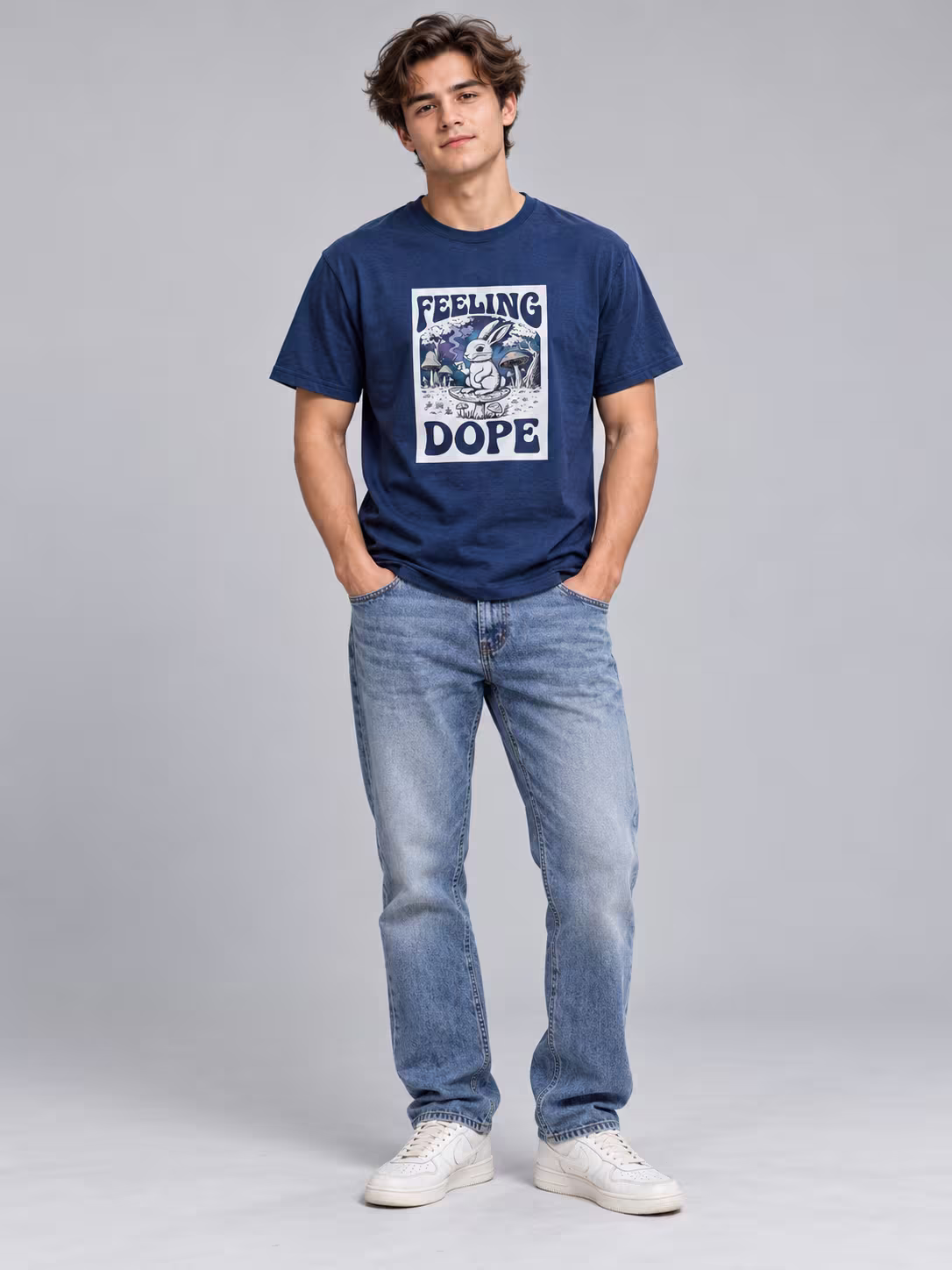 Feeling Dope Unisex T-Shirt in Navy melange, worn by a model