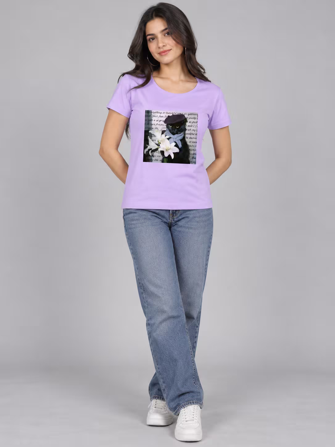 Flower Cat Women's T-Shirt in Lavender, worn by a model