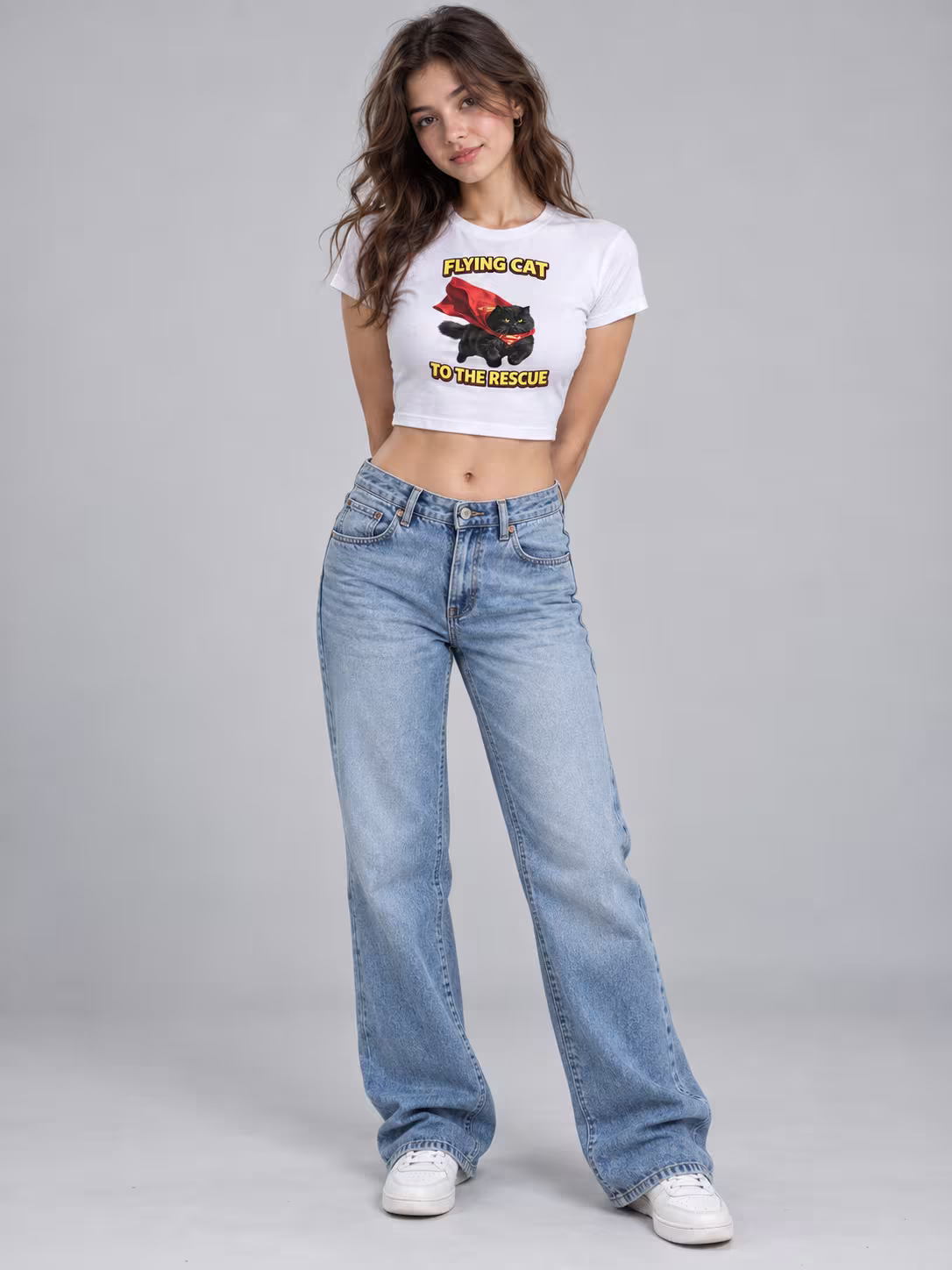 Flying Cat Baby Tee in White, worn by a model
