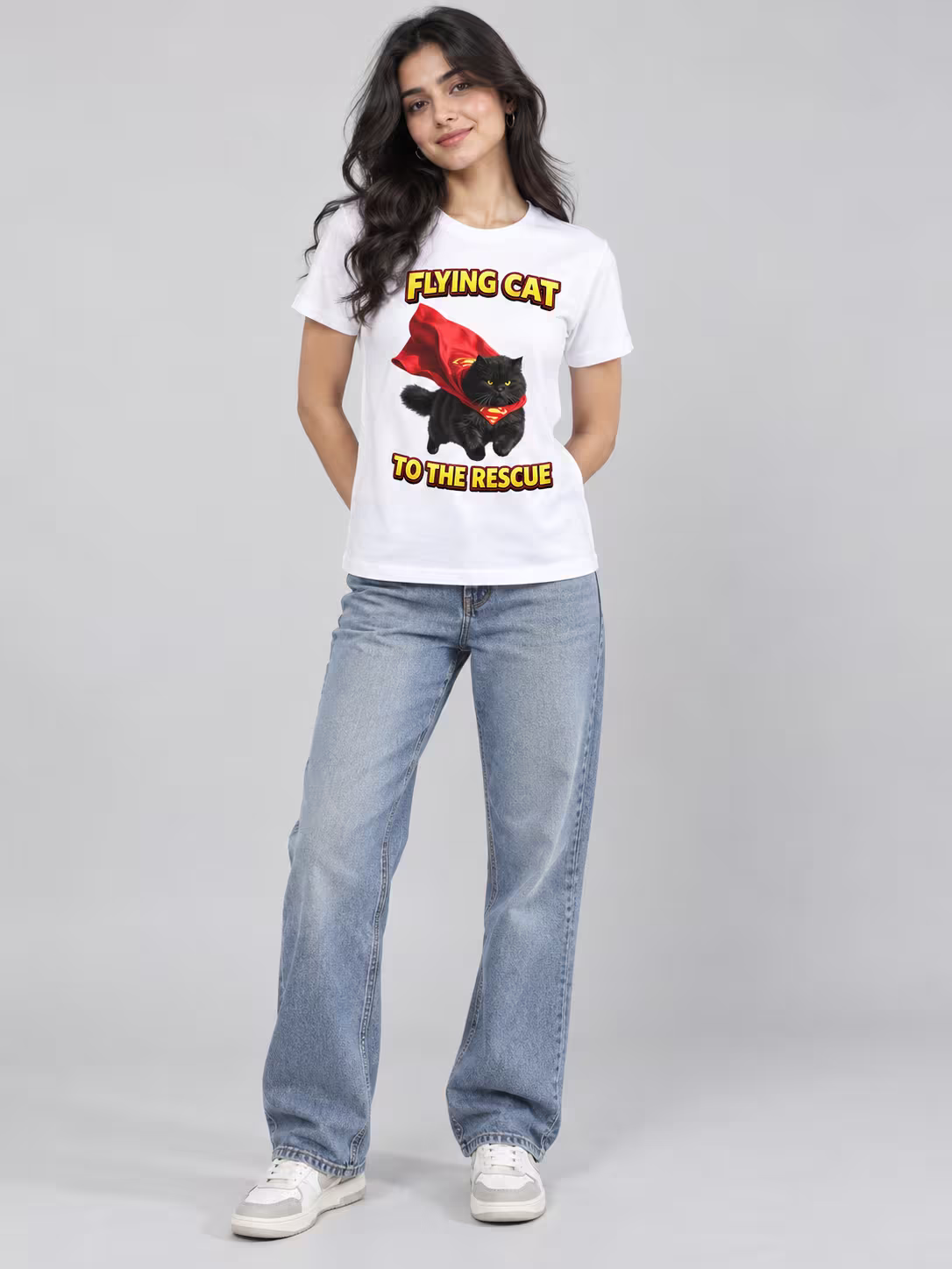 Flying Cat Regular Fit T-Shirt in White, worn by a model