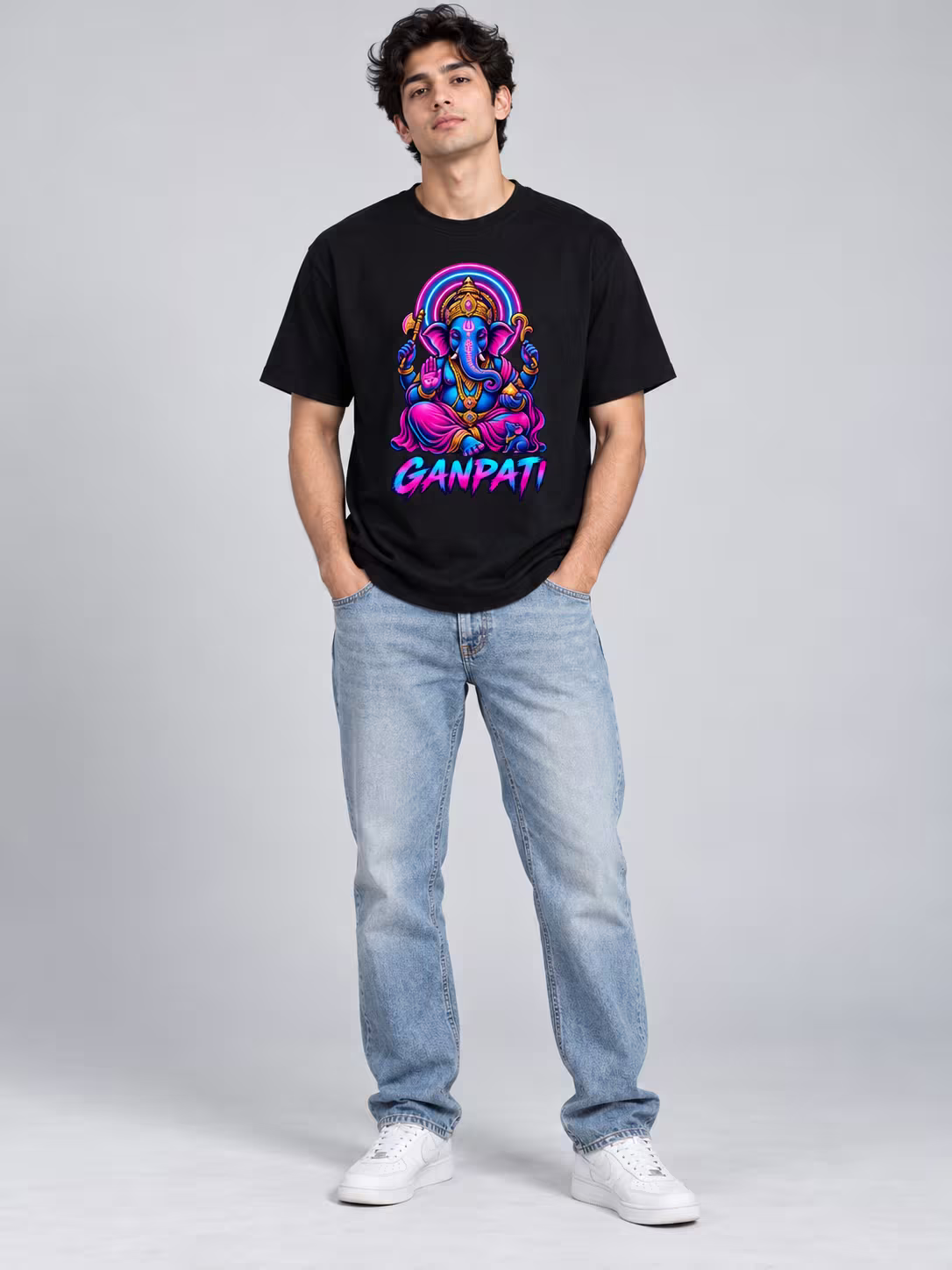 Ganpati Neon Regular Fit T-Shirt in Black, worn by a model