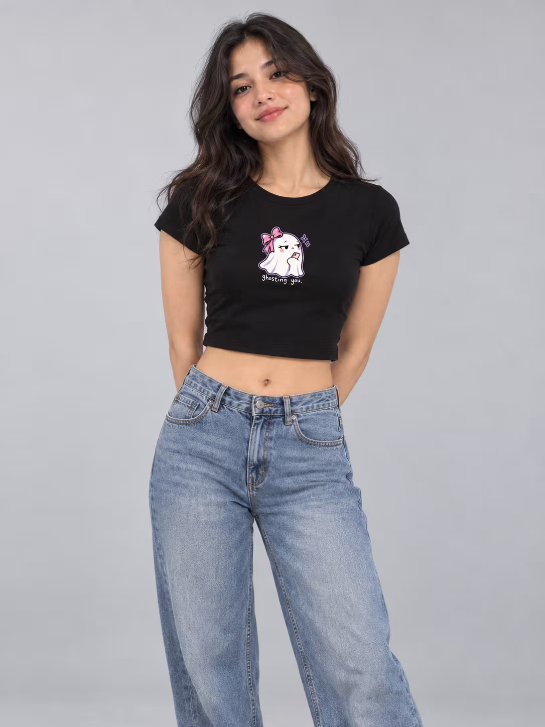 Ghosting You Baby Tee in Black, worn by a model