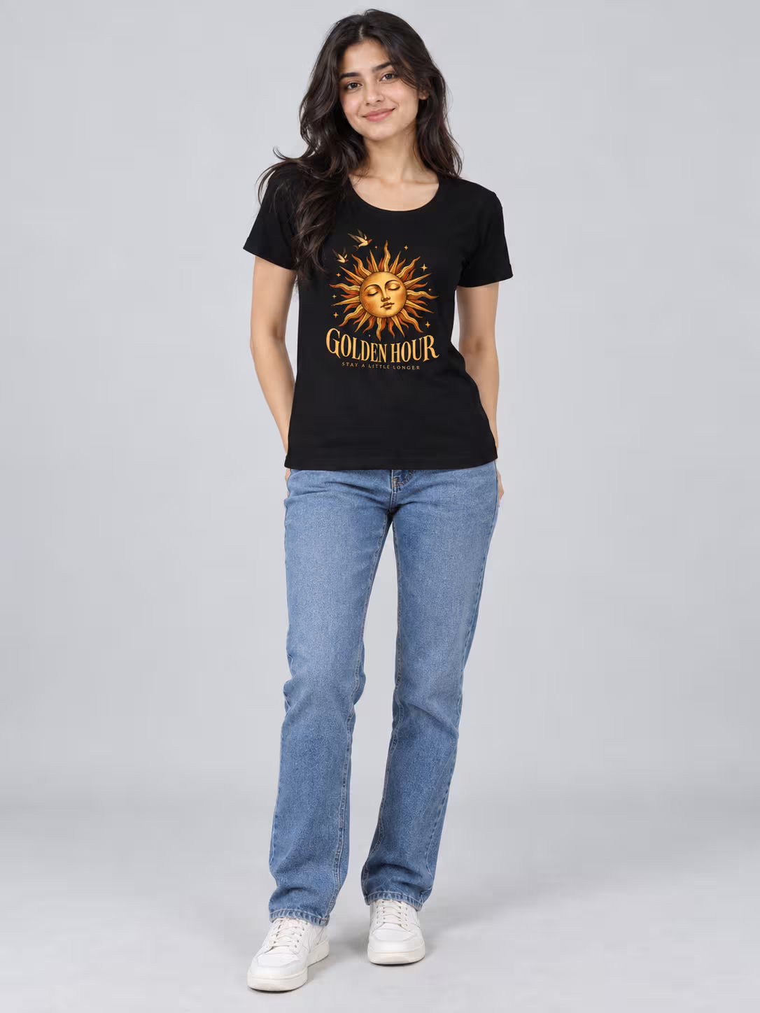 Golden Hour Women's T-Shirt in Black, worn by a model