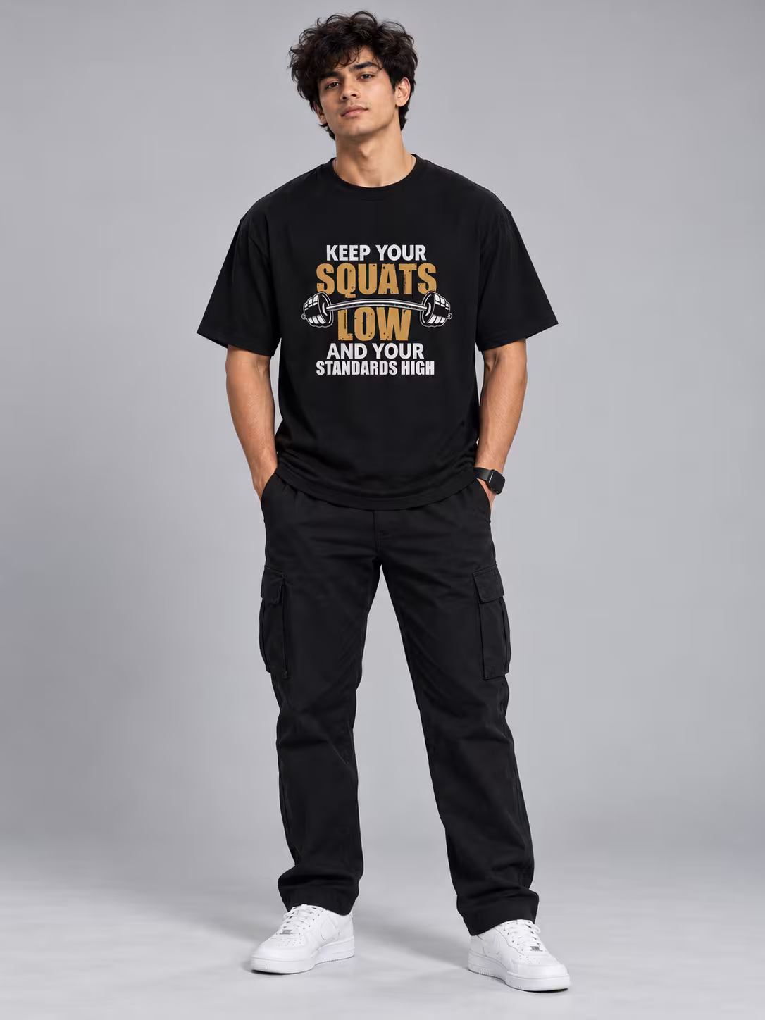 Gym - Keep Squats Low and Standard High T-Shirt in Black, worn by a model