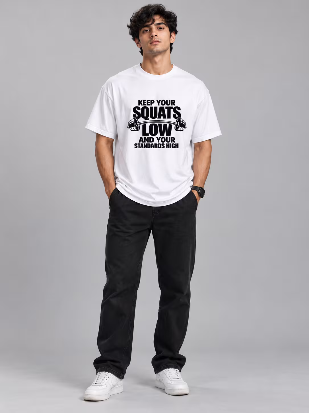 Gym Squats Low Standard High T-Shirt in White, worn by a model