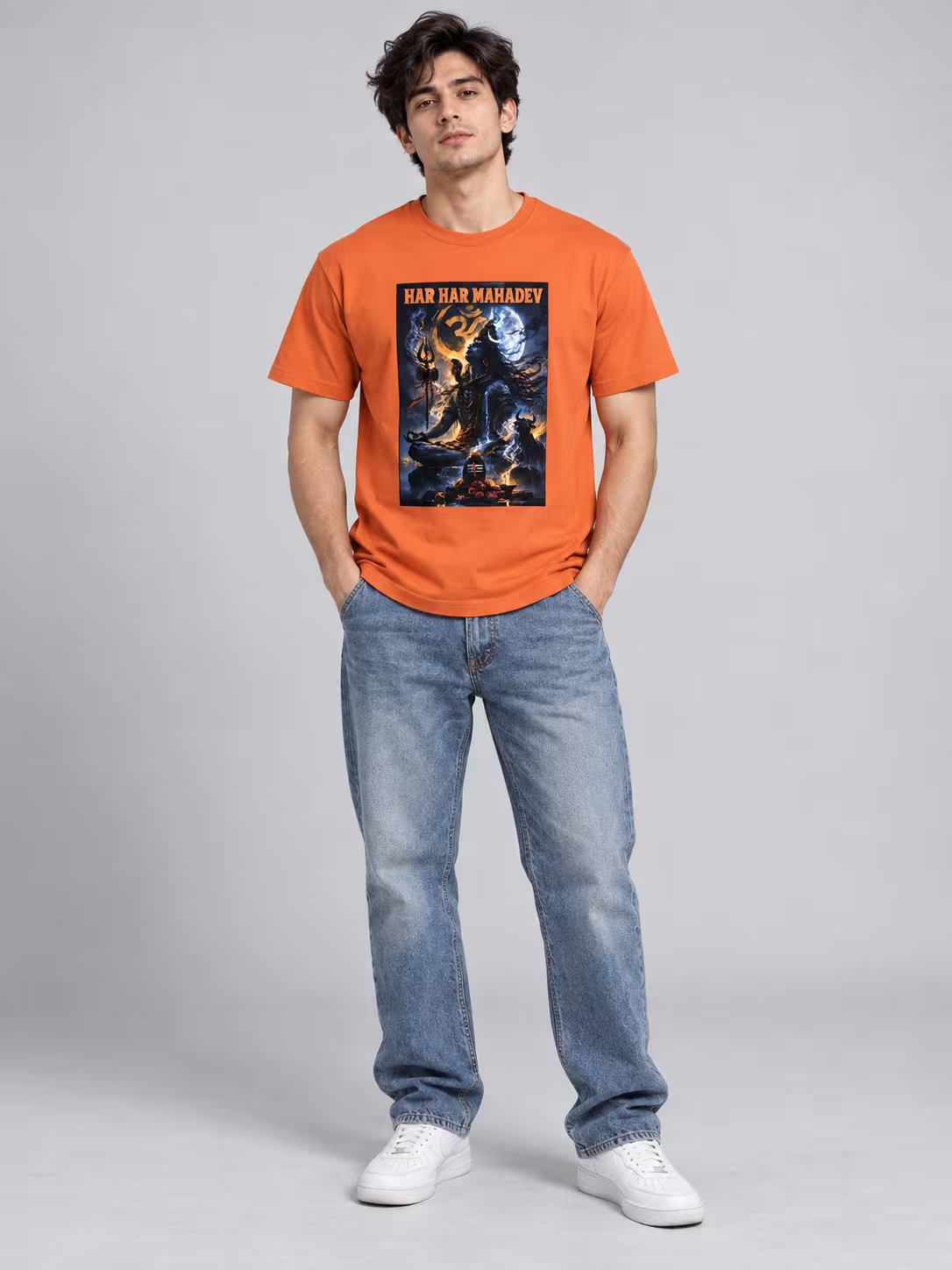 Har Har Mahadev T-Shirt in Orange, worn by a model