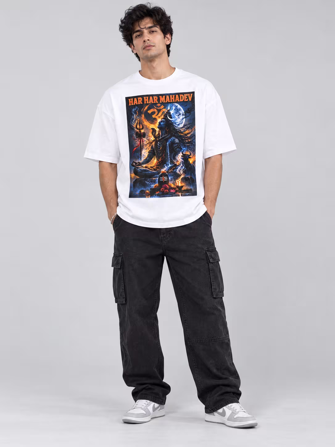 Har Har Mahadev Unisex Oversized T-Shirt in White, worn by a model