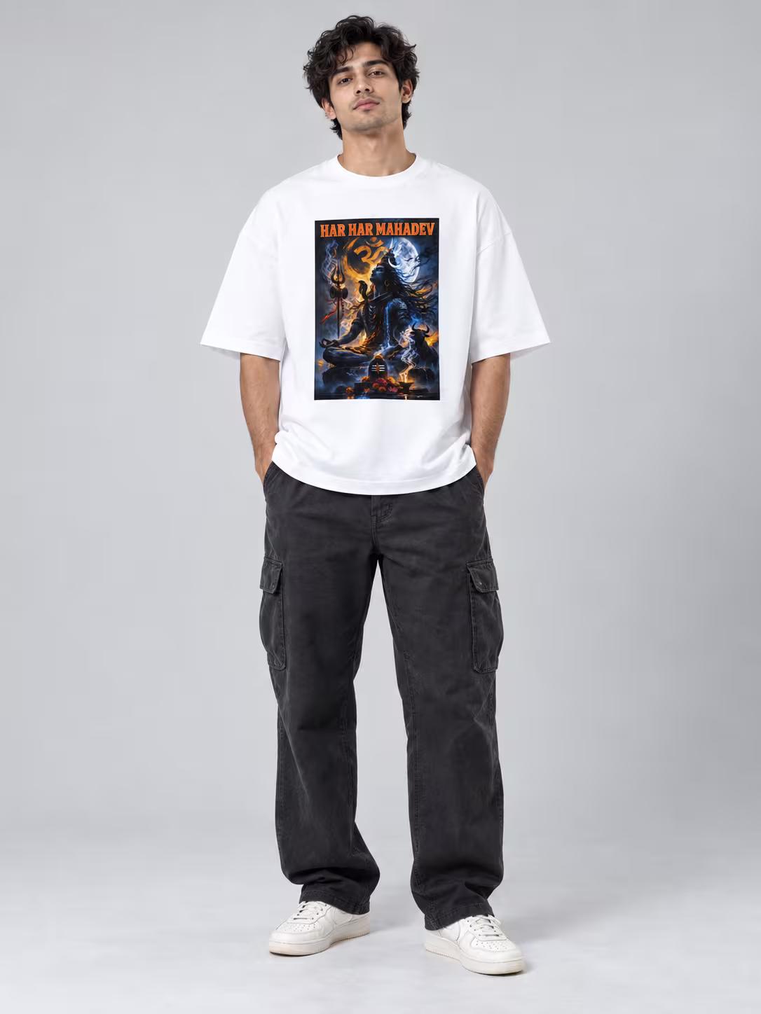 Har Har Mahadev Unisex Terry Oversized Tee in White, worn by a model