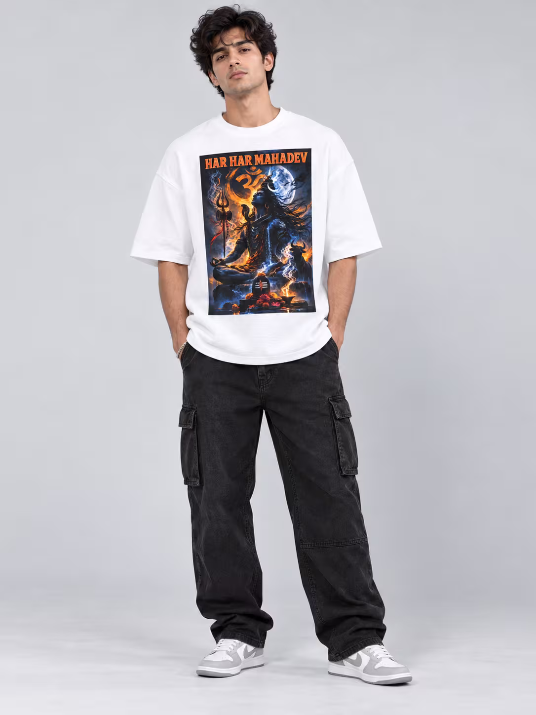 Har Har Mahadev Unisex Terry Oversized Tee in White, worn by a model
