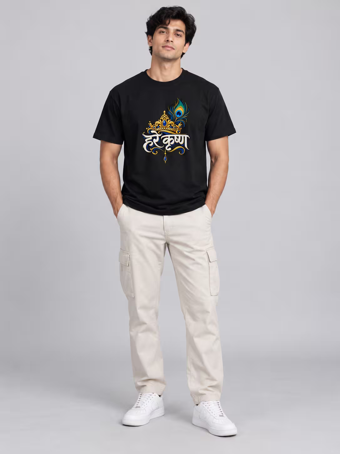 Hare Krishna Regular Fit T-Shirt in Black, worn by a model
