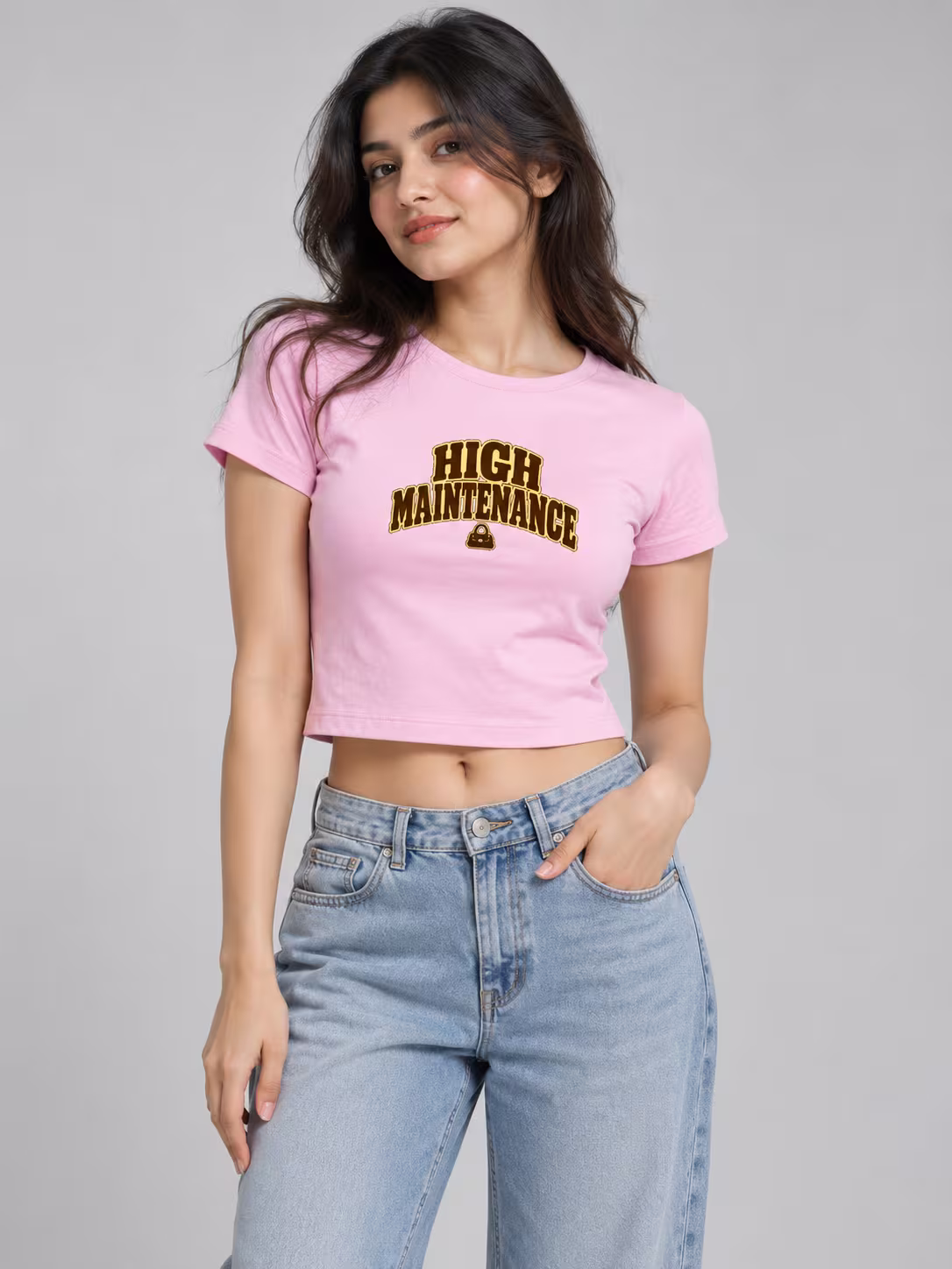 High Maintenance Baby Tee in Light Baby Pink, worn by a model