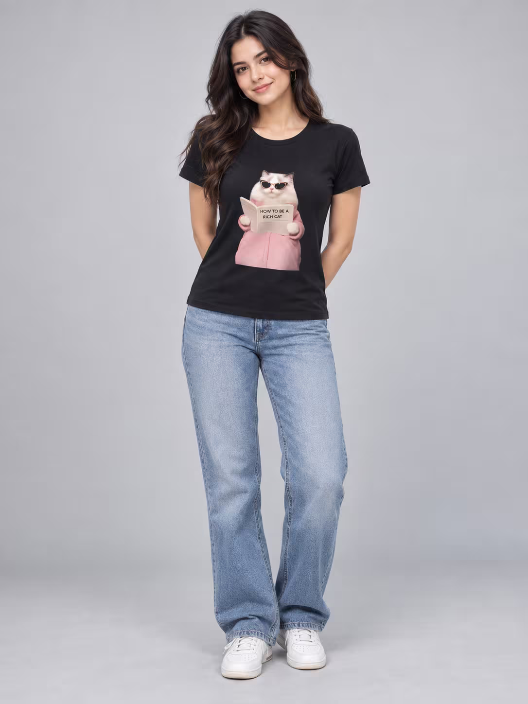 How to be a Rich Cat Women's T-Shirt in Black, worn by a model