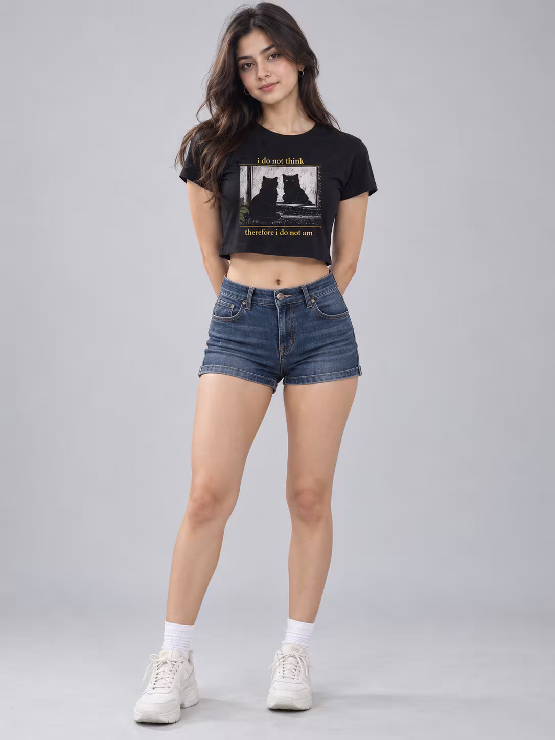 I do not think Cat Crop Top in Black, worn by a model