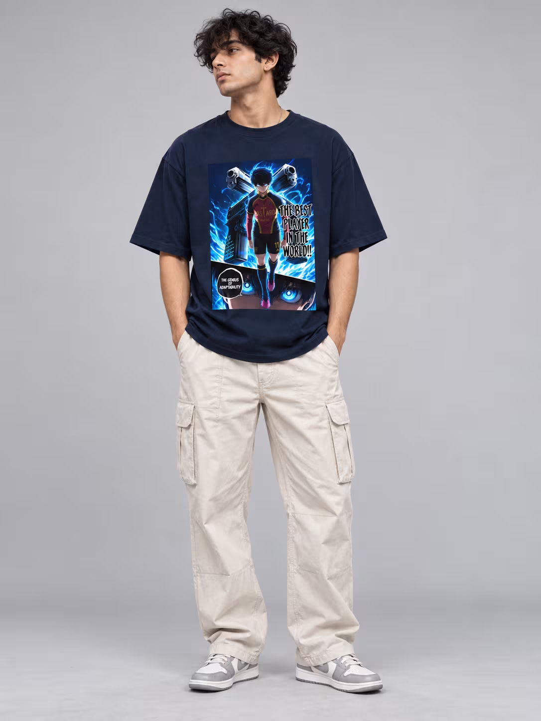 Isagi Yoichi Unisex Oversized T-Shirt in Navy Blue, worn by a model