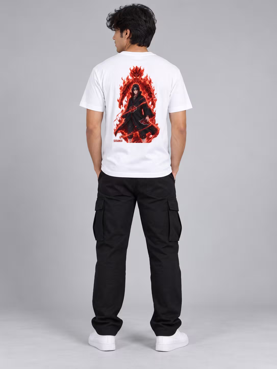 Itachi Uchiha Regular Fit T-Shirt in White, back print, worn by a model