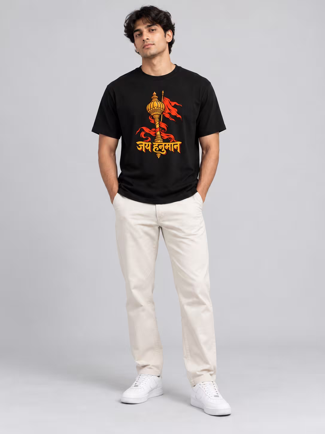 Jai Hanuman Regular Fit T-Shirt in Black, worn by a model