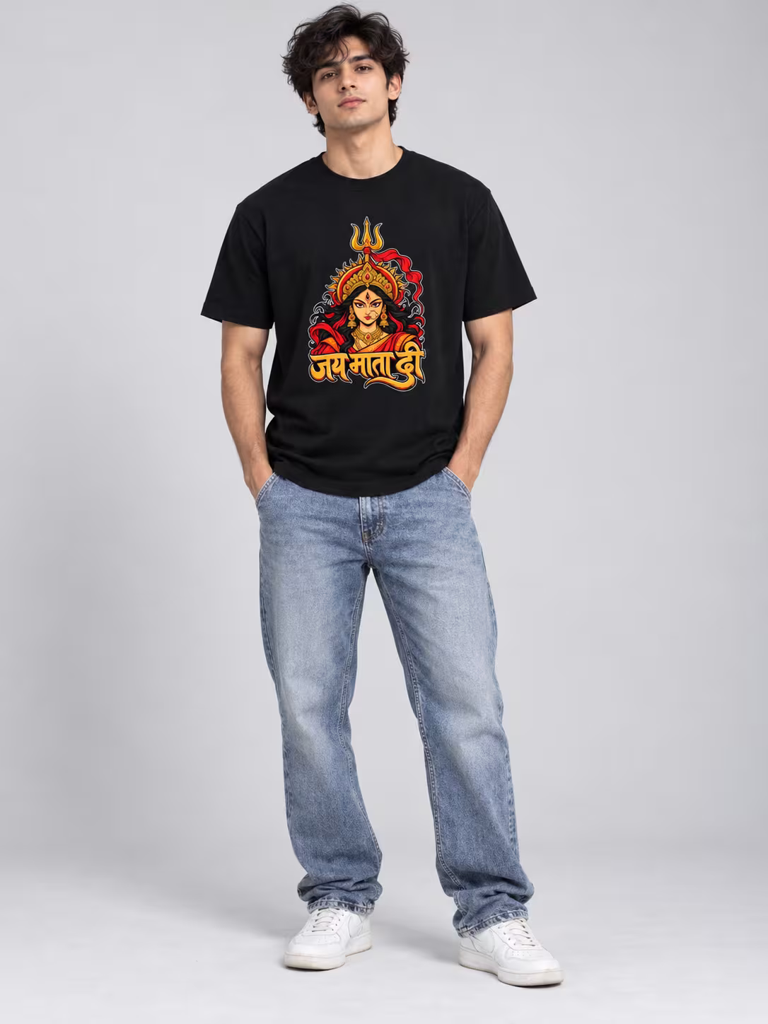 Jai Mata Di Regular Fit T-Shirt in Black, worn by a model