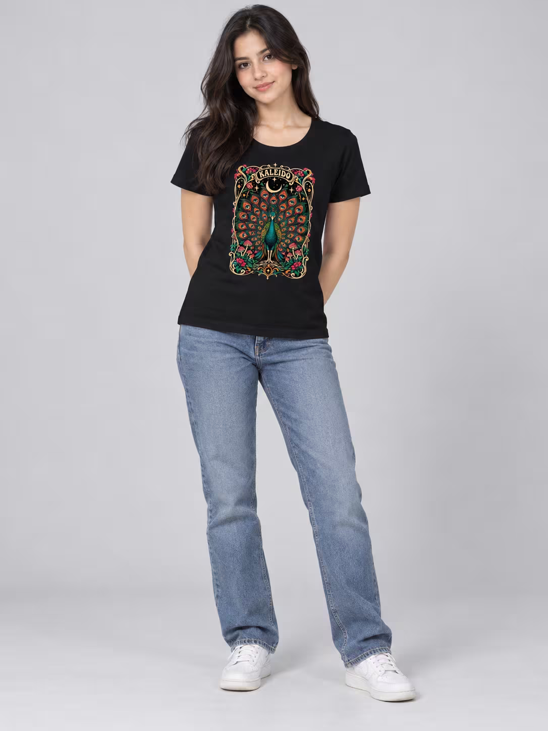 Kaleido Peacock Women's T-Shirt in Black, worn by a model