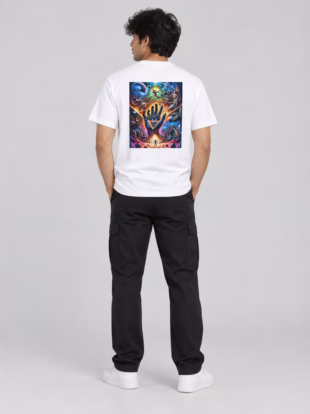 Kalyug Regular Fit T-Shirt in White, back print, worn by a model