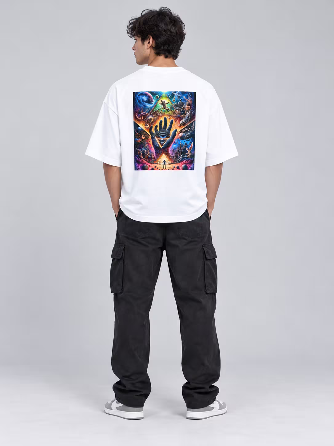 Kalyug Unisex Oversized T-Shirt in White, back print, worn by a model