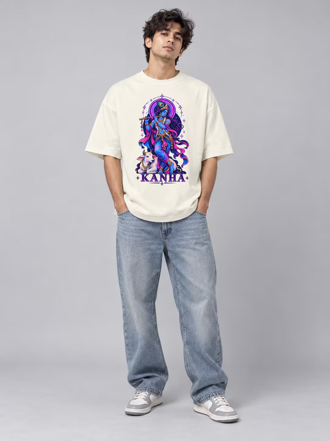 Kanha Neon Unisex Oversized T-Shirt in Off White, front