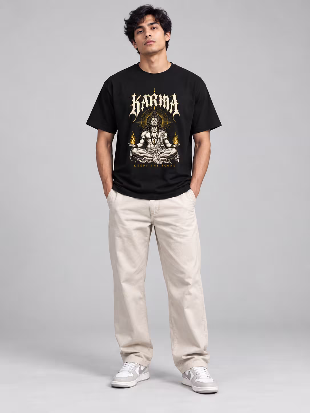 Karma Keeps Score Regular Fit T-Shirt in Black, worn by a model